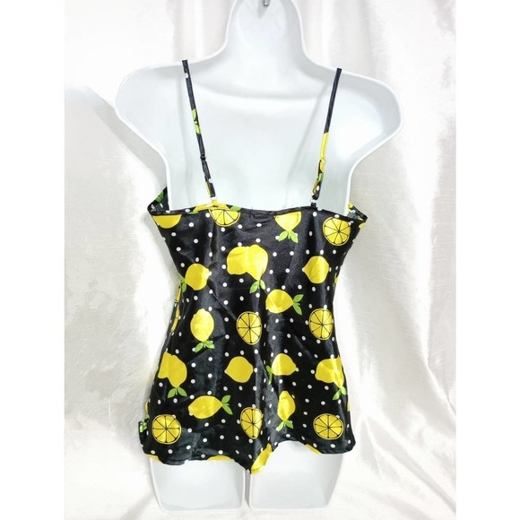 LEMON fruit satin tank top camisole summer BLOUSE black yellow polka dots - Picture 4 of 5